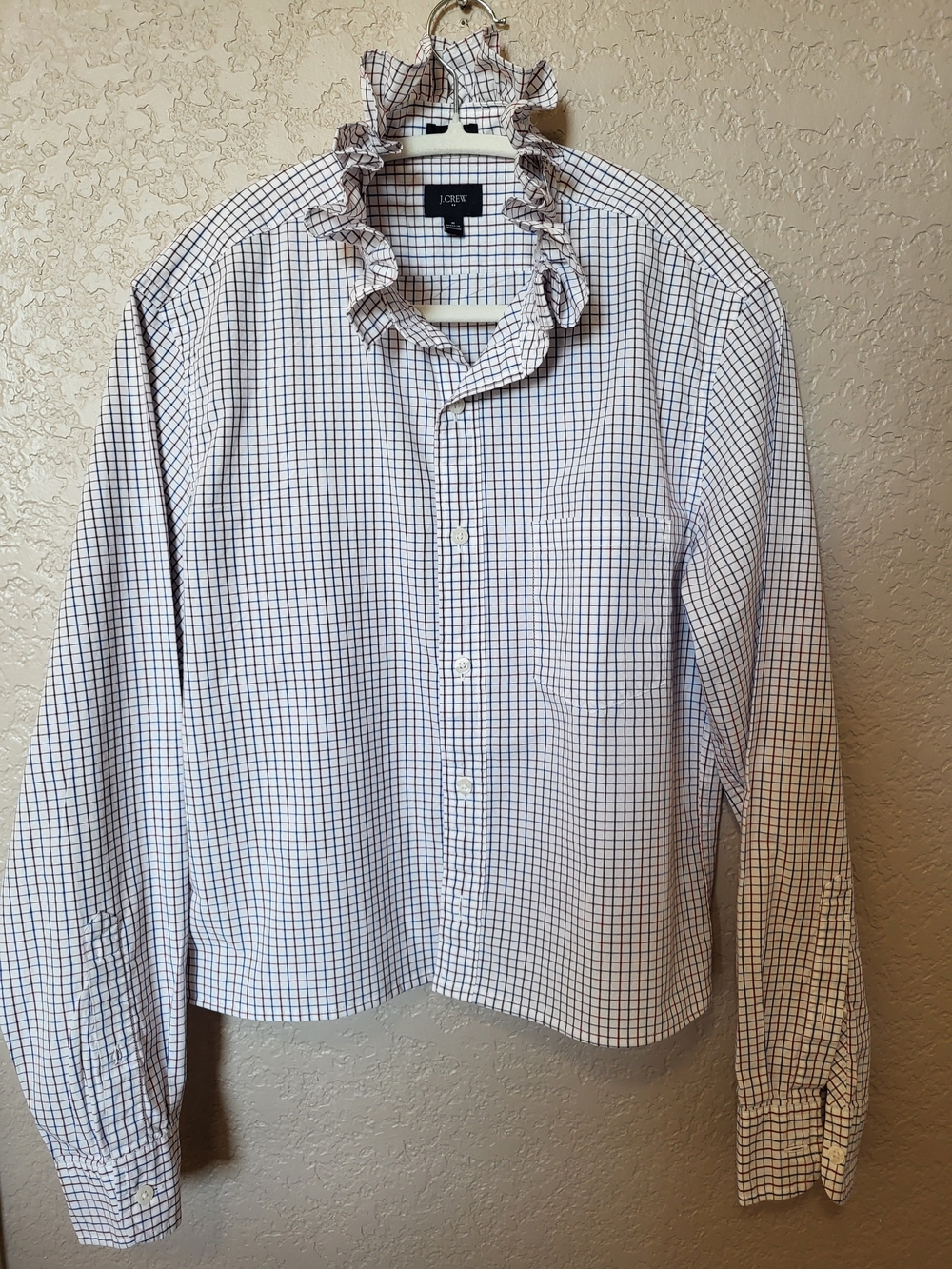 Upcycled Ruffle Collar J. Crew White & Navy Check Button-Up Shirt
